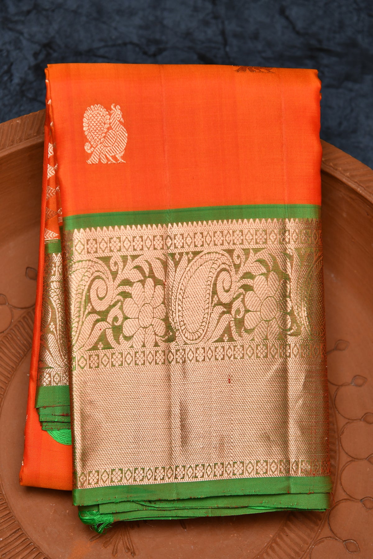 Contrast Paisley Floral Border With Annam Butta Bright Orange Kanchipuram Silk Saree