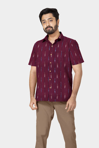 Regular Collar Maroon Ikat Cotton Shirt