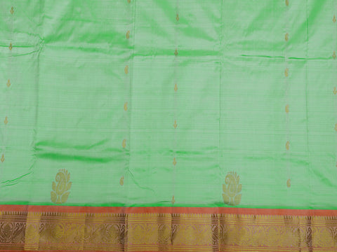 Traditional Zari Border With Paisley Buttas Pastel Green Kanchipuram Silk Unstitched Pavadai Sattai Material