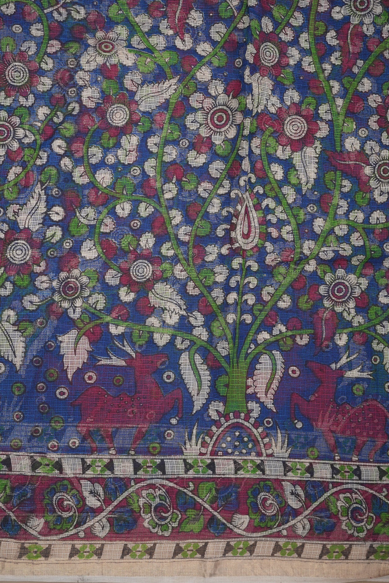 Deer And Floral Design Royal Blue Printed Kalamkari Kota Saree