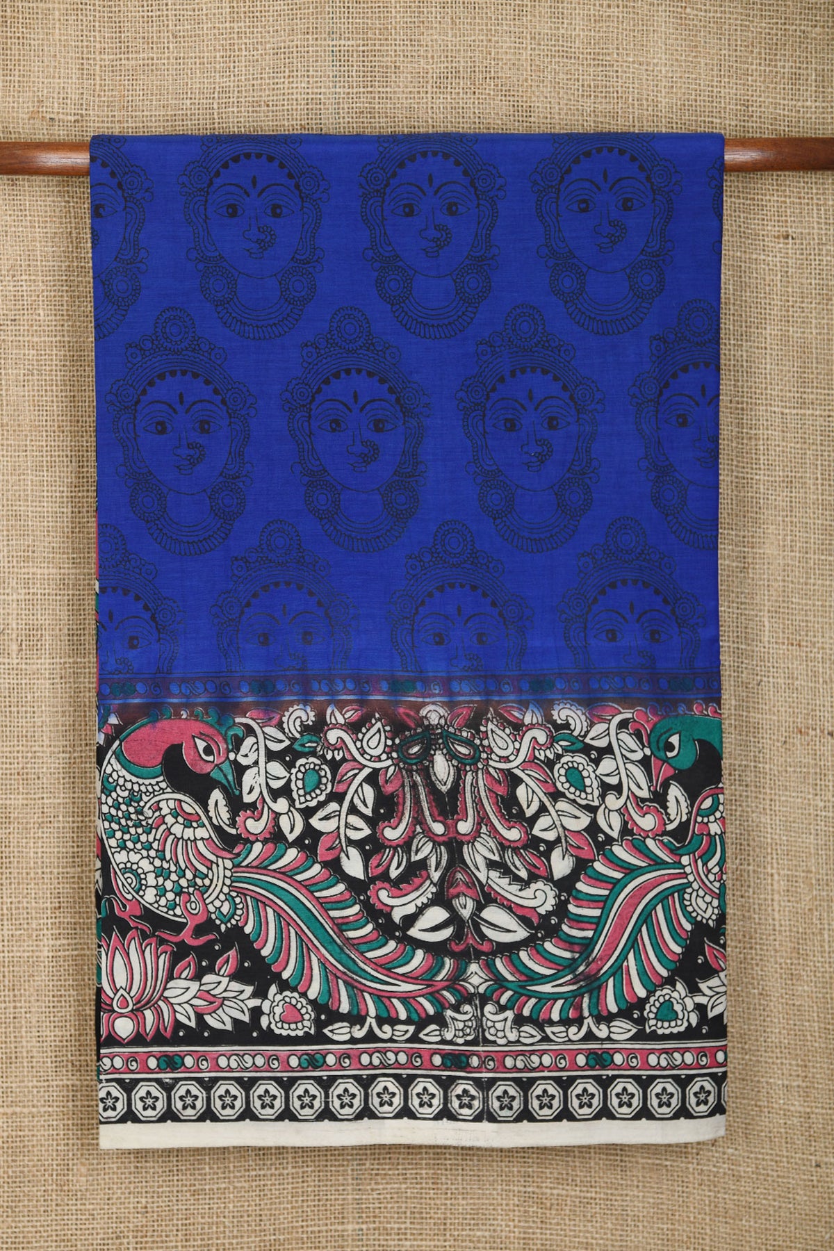 Peacock Border With Devi Face Design Blue Kalamkari Printed Semi Silk Saree