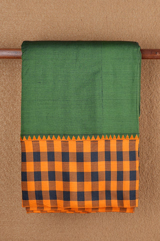 Contrast Checked Threadwork Border With Plain Green Dharwad Cotton Saree