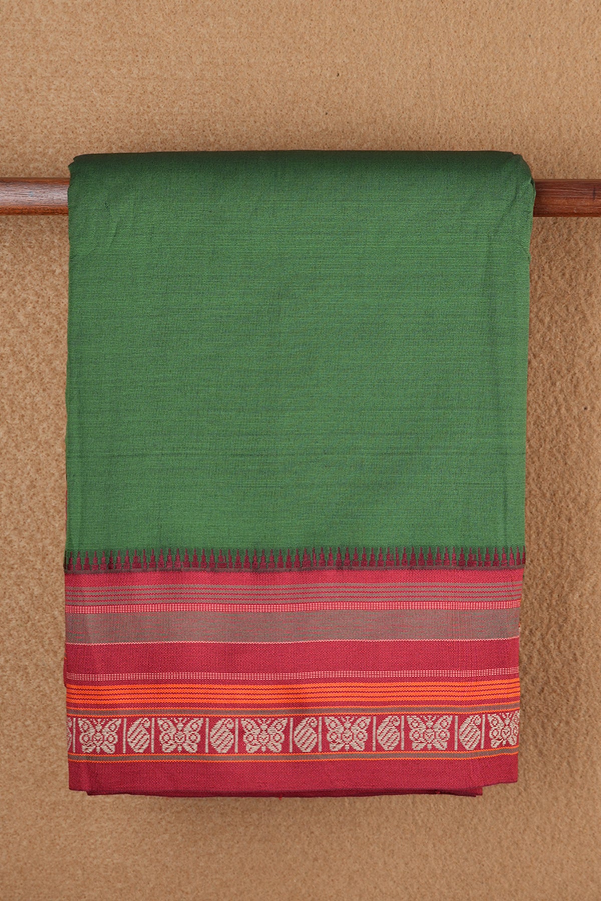Butterfly and Paisley Threadwork Border With Plain Emerald Green Dharwad Cotton Saree