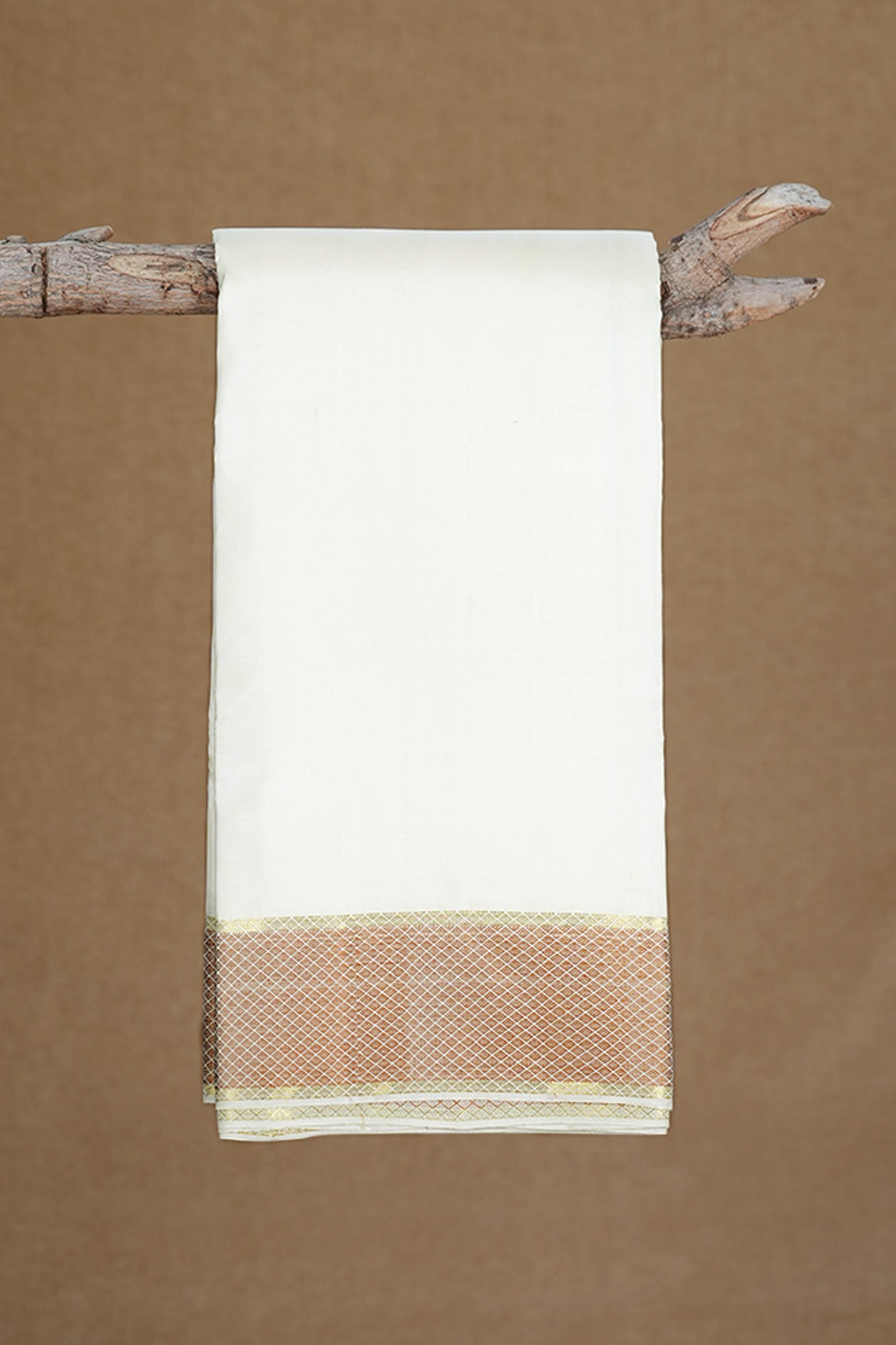 Diamond Design Zari Border Off White Silk Dhoti With Angavastram Set