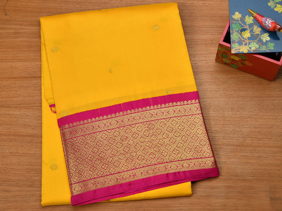 Diamond Border Design With Yellow Kanchipuram Silk Pavada Sattai Material