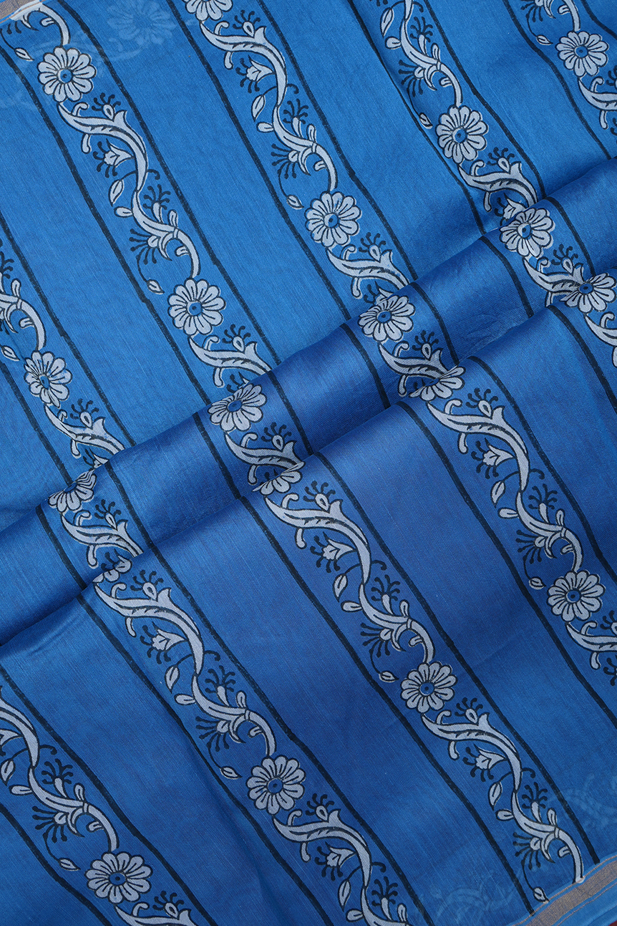 Diamond And Floral Design Slate Blue Chanderi Cotton Saree