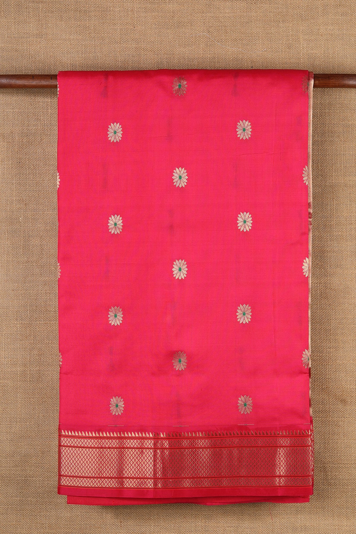 Diamond Zari Border With Meenakari Work Floral Butta Hot Pink Paithani Semi Silk Saree