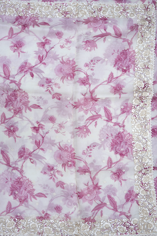 Digital Printed And Floral Buttas Off White Organza Saree