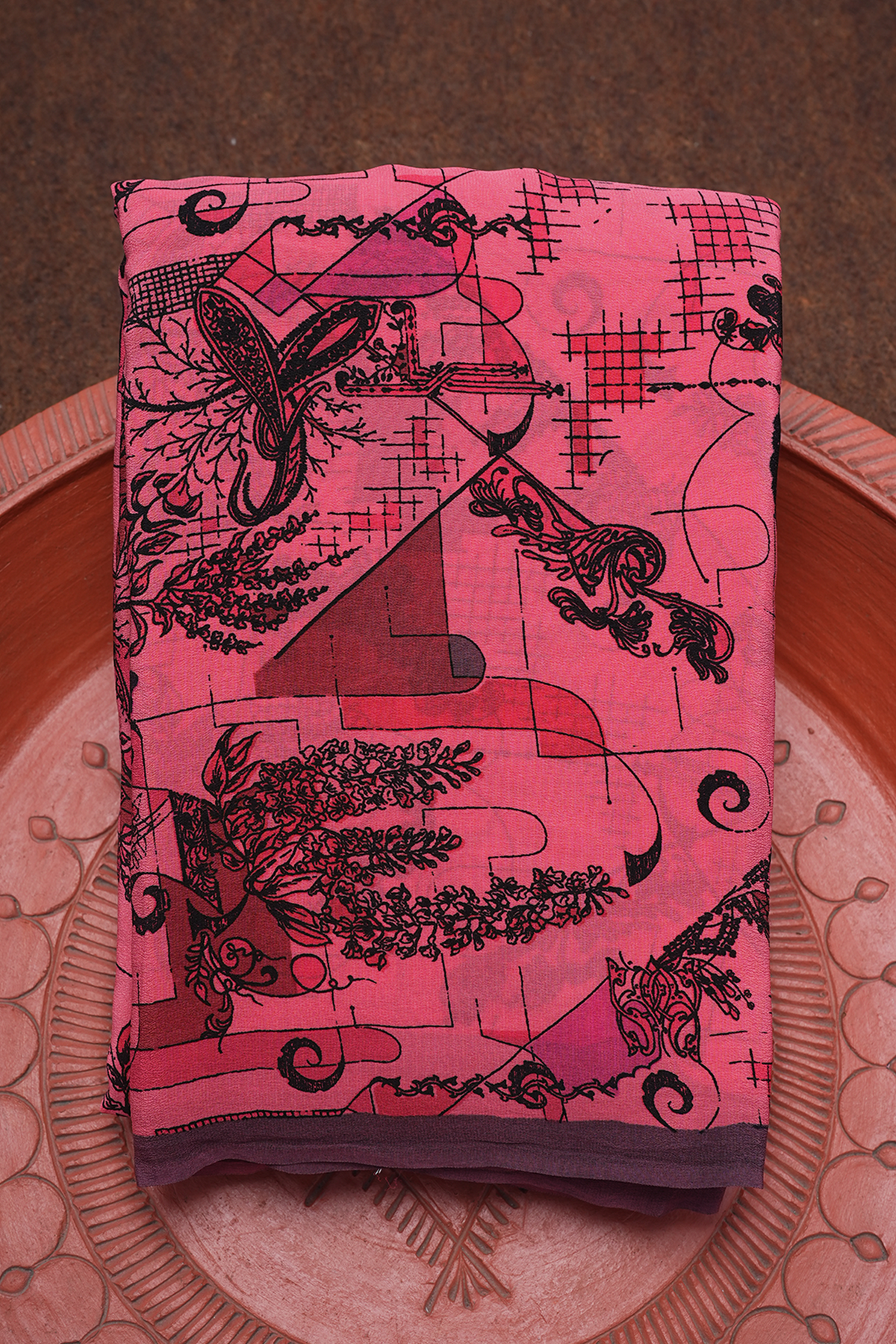 Digital Printed Rouge Pink Crepe Saree