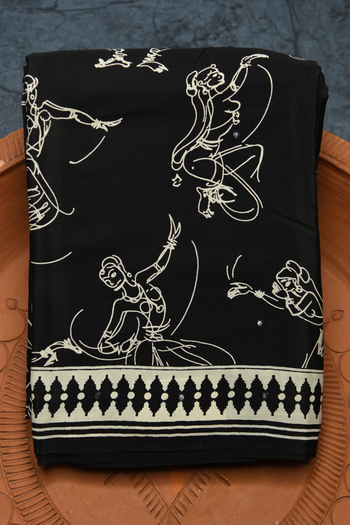 Female Classical Dancer Digital Printed With Mirror Work Black Crepe Silk Saree