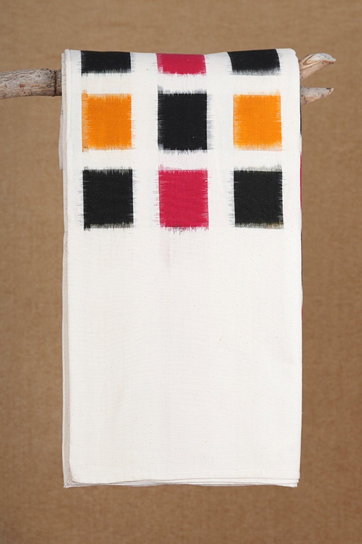 Multicolor Box Design Off White Ikat Cotton Double Bedspread