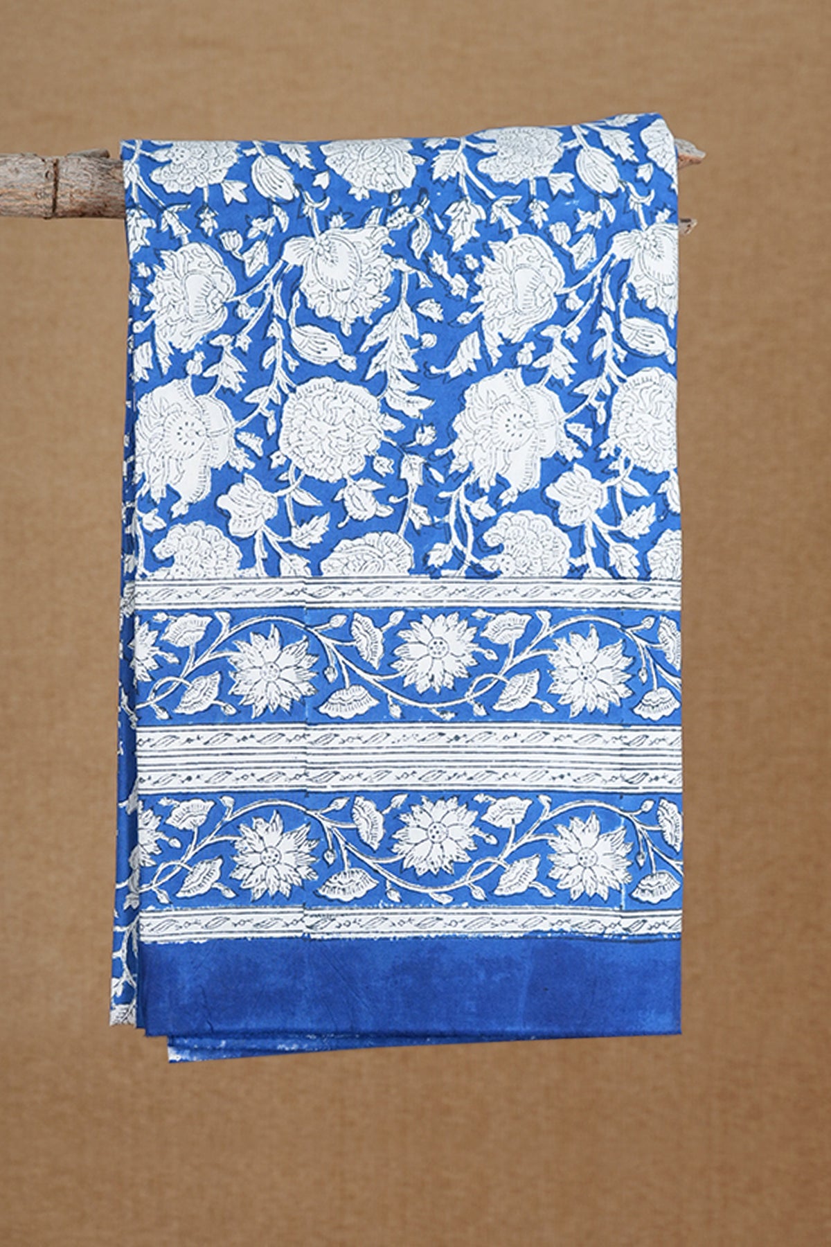 Floral And Leaf Block Printed Blue Double Bedspread