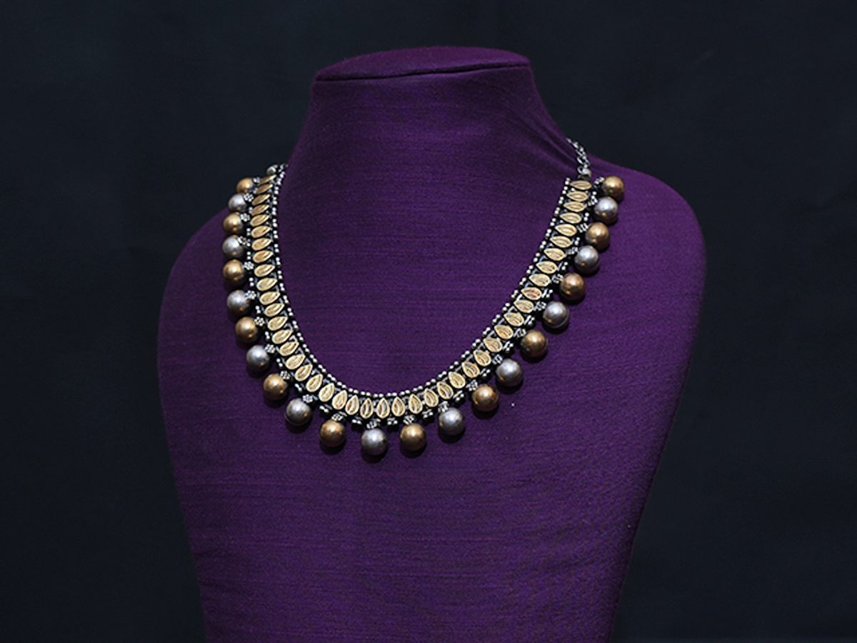 Dual Tone Silver And Gold Beaded Pure Silver Necklace