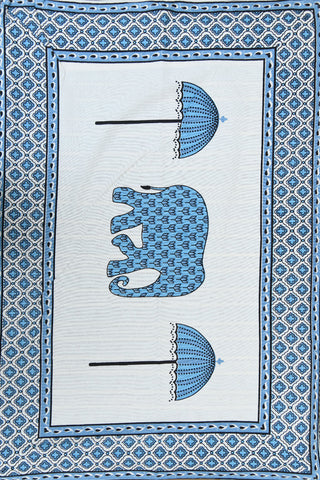 Elephant And Umbrella Printed Off White Cotton Double Bedspread With Pillow Cover