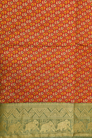 Elephant Border With Small Floral Digital Printed Maroon Semi Raw Silk Saree