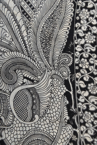 Elephant Design Black And White Kalamkari Printed Silk Saree