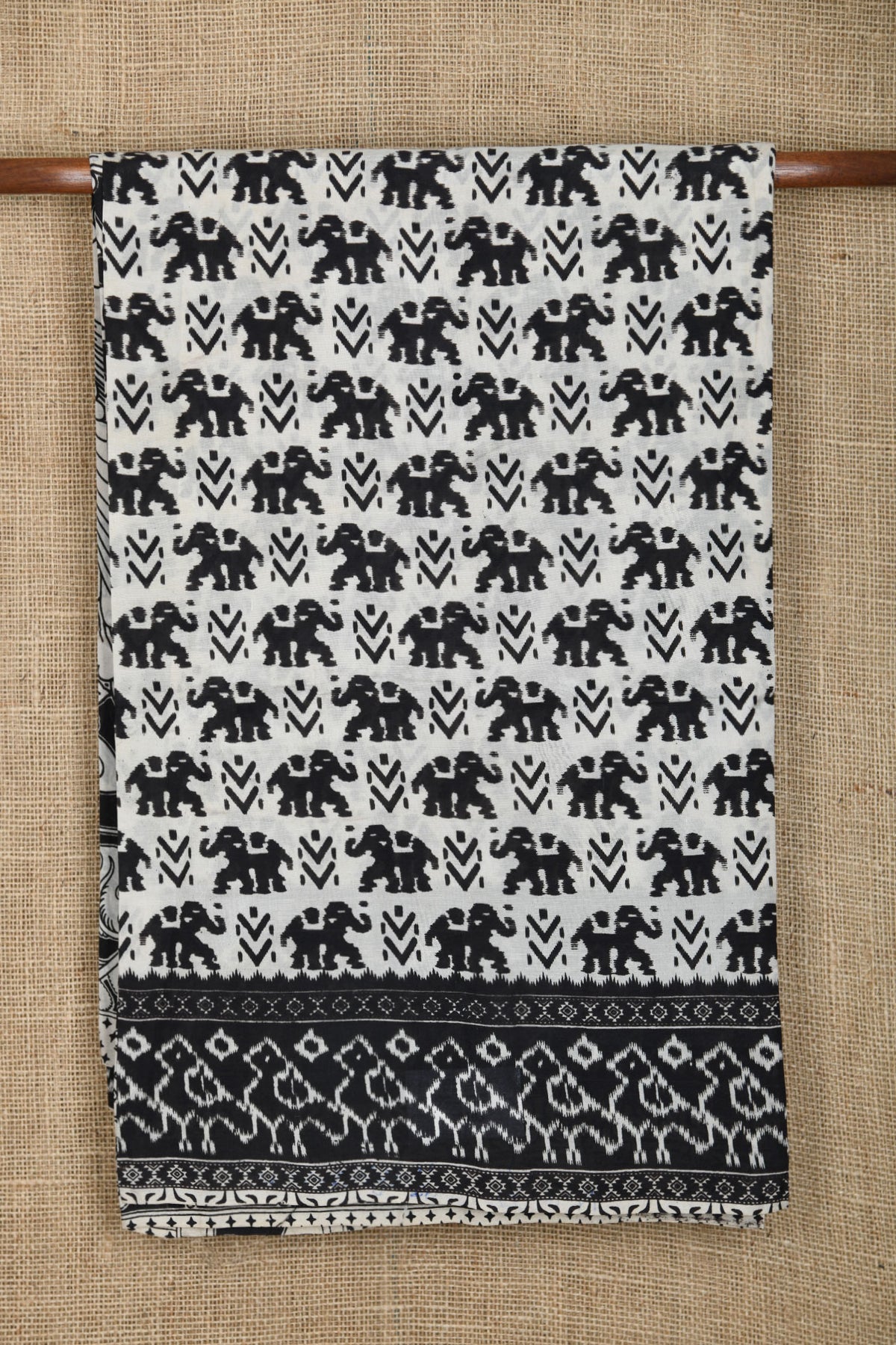 Elephant Design Black And White Kalamkari Printed Silk Saree