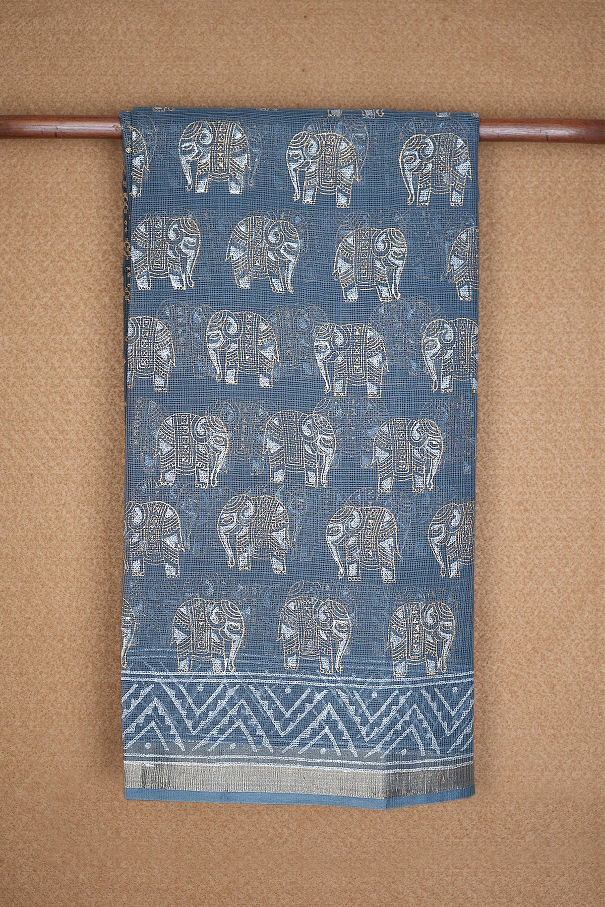 Elephant Printed Design Steel Blue Kota Cotton Saree