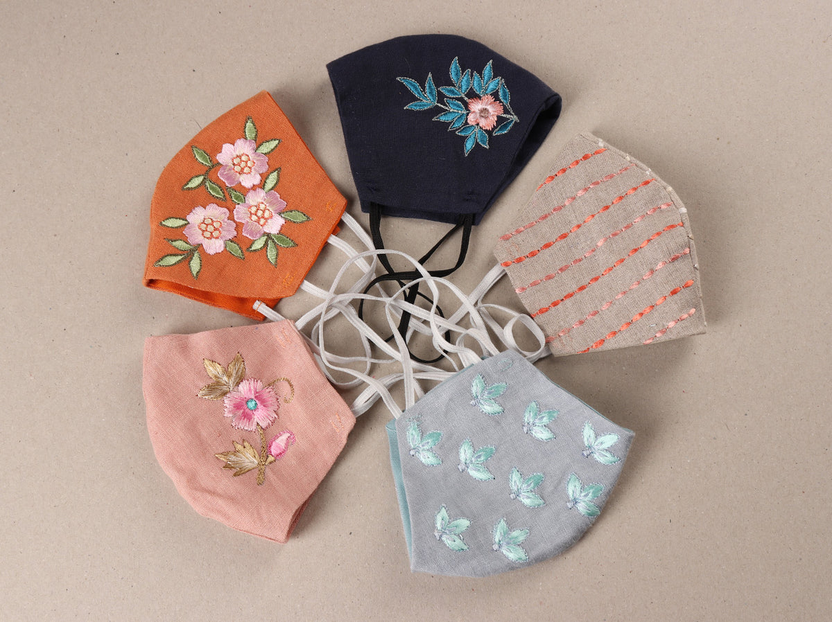 Embroidered Cotton Non Surgical Masks In Assorted Colors Set Of 5