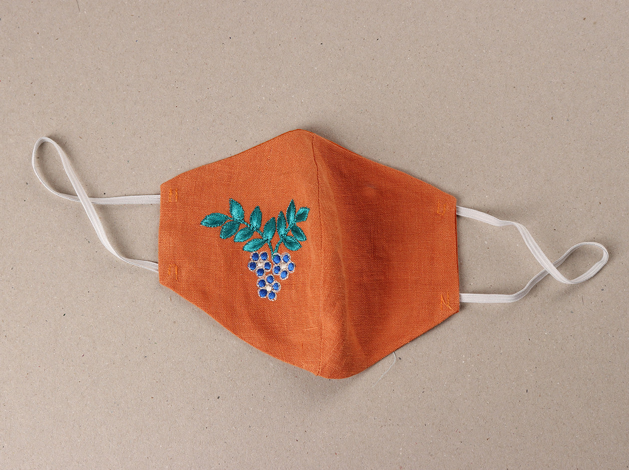 Embroidered Cotton Non Surgical Masks In Grey, Peach And Blue Set Of 3