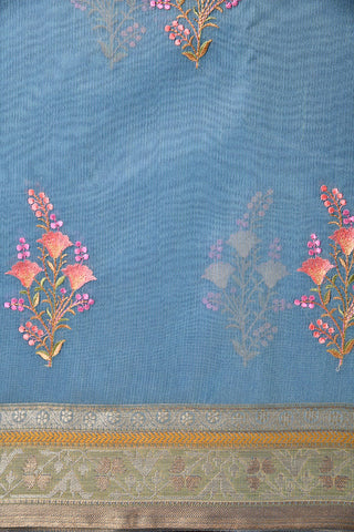 Embroidered Work Floral Motif Greyish Blue Kota Cotton Saree