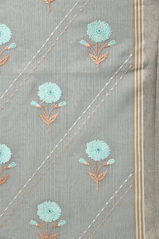 Embroidered Work Floral Motif Grey Kota Cotton Saree