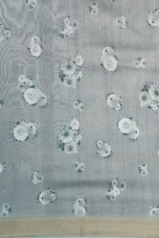 Embroidered And Botanical Digital Printed Grey Chanderi Cotton Saree