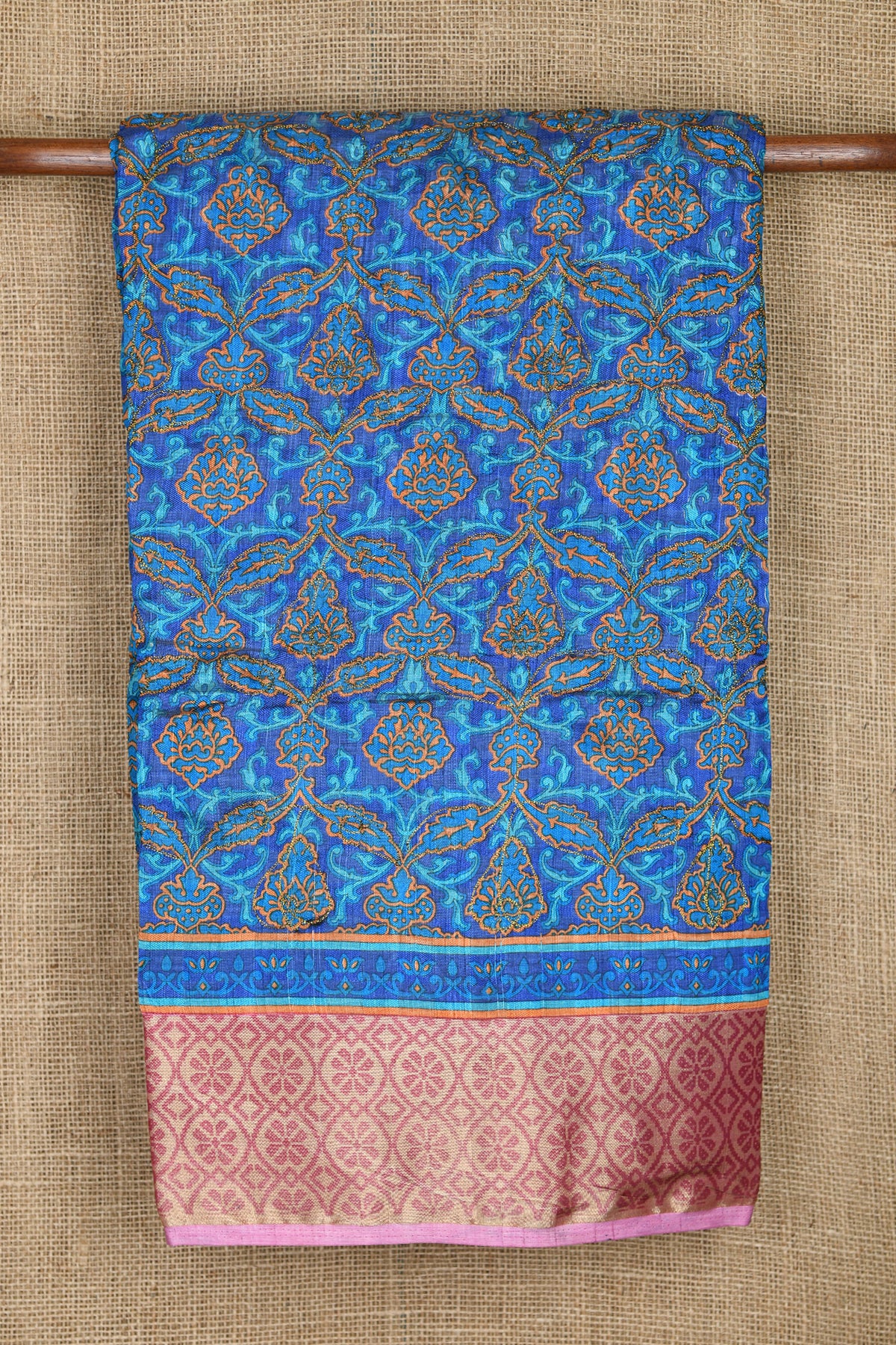 Embroidered And Floral Digital Printed Aegean Blue Semi Raw Silk Saree