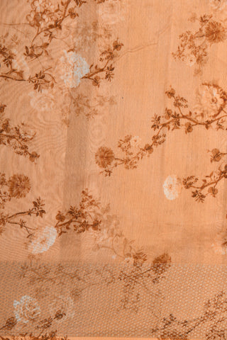 Embroidered And Floral Digital Printed Peach Orange Chanderi Cotton Saree