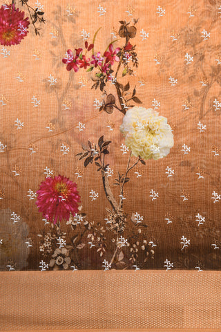 Embroidered And Floral Digital Printed Peach Orange Chanderi Cotton Saree