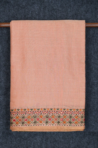 Embroidered And Mirror Work Border In Plain Peach Orange Tussar Silk Saree