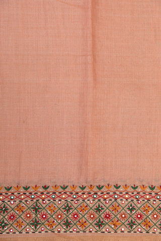 Embroidered And Mirror Work Border In Plain Peach Orange Tussar Silk Saree