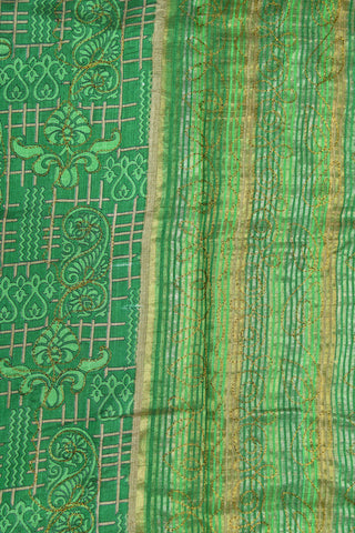 Embroidered And Paisley Digital Printed Green Semi Raw Silk Saree