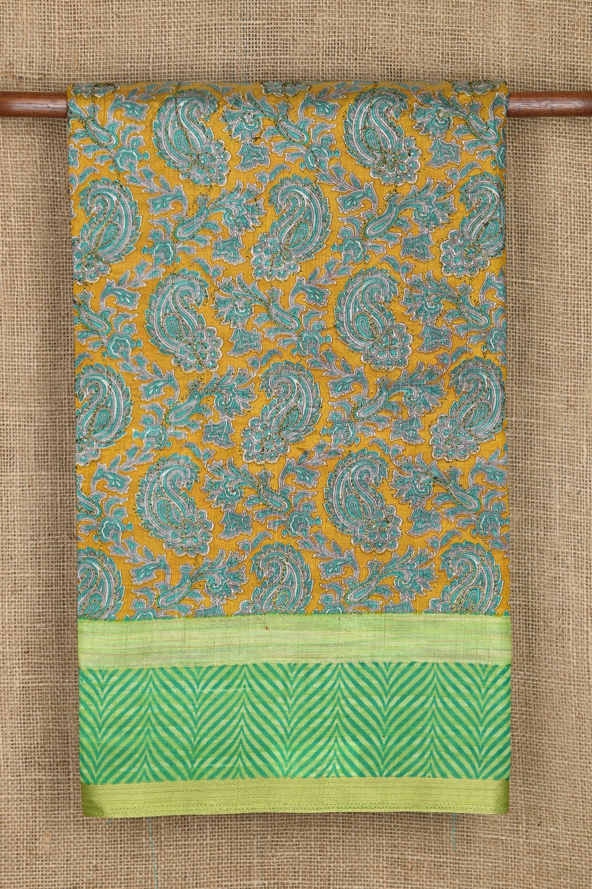 Embroidered And Paisley Digital Printed Mustard And Green Semi Raw Silk Saree