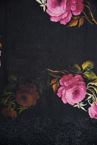 Embroidered And Stone Work Border With Botanical Digital Printed Black Banaras Georgette Saree