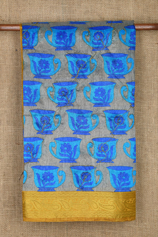 Embroidered And Tea Cup Design Digital Printed Grey And Blue Semi Raw Silk Saree