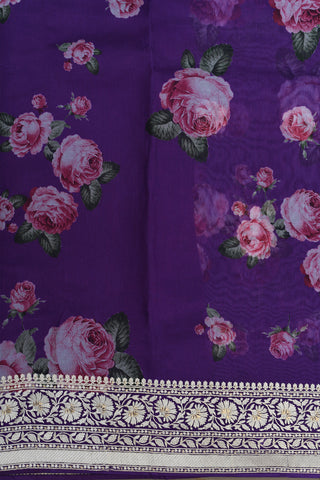 Embroidered Border With Botanical Digital Printed Brinjal Purple Organza Saree