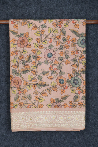 Embroidered Border With Floral Creepers Design Kalamkari Printed Peach Pink Tussar Silk Saree