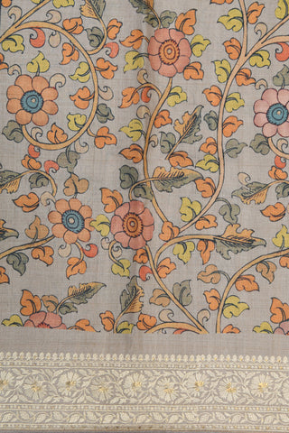 Embroidered Border With Floral Creepers Kalamkari Printed Pastel Grey Tussar Silk Saree