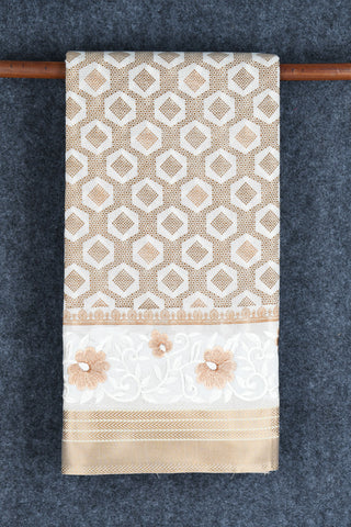 Embroidered Border With Geometric Pattern White And Beige Chanderi Cotton Saree