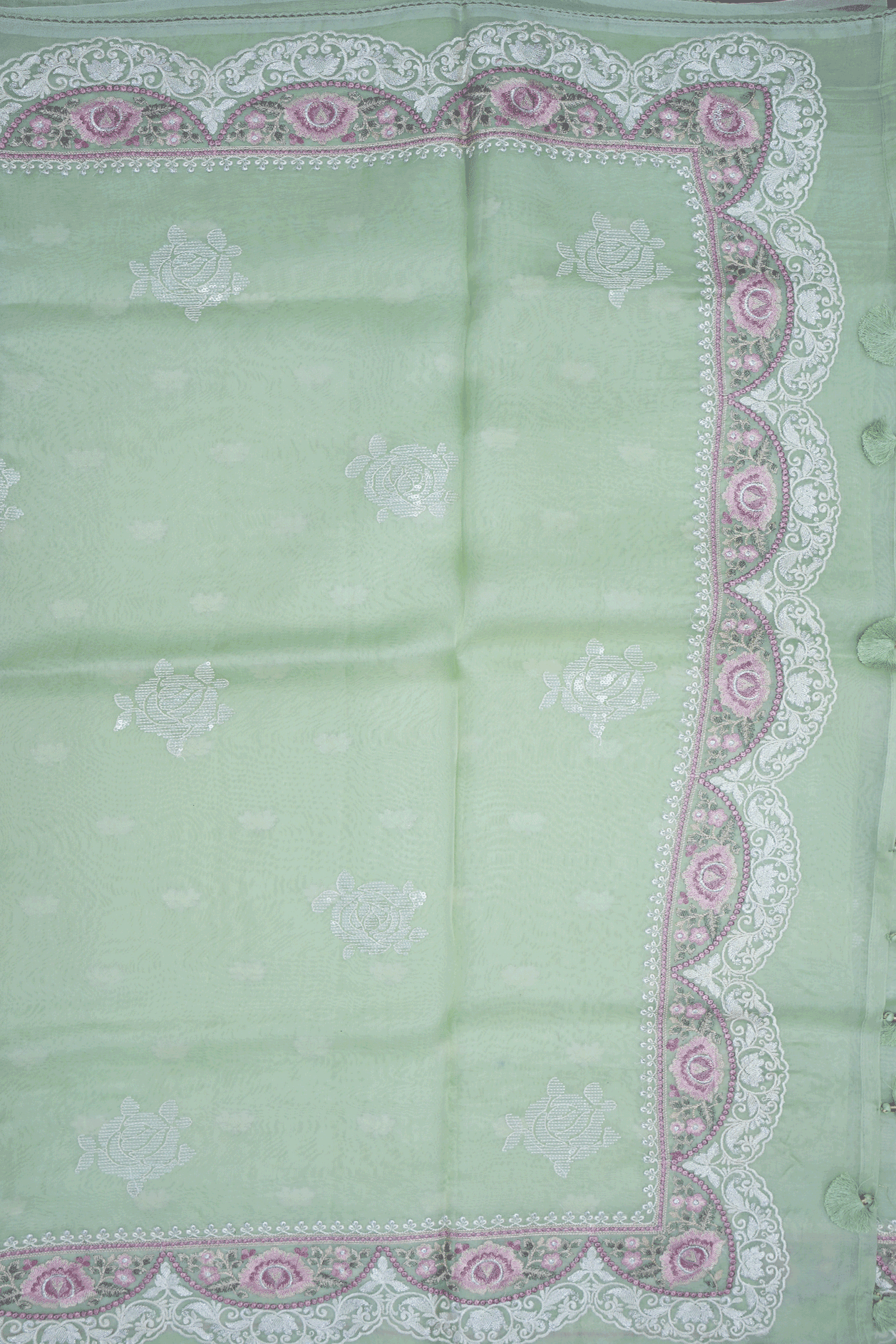 Embroidery Sequence Design Pastel Green Organza Silk Saree