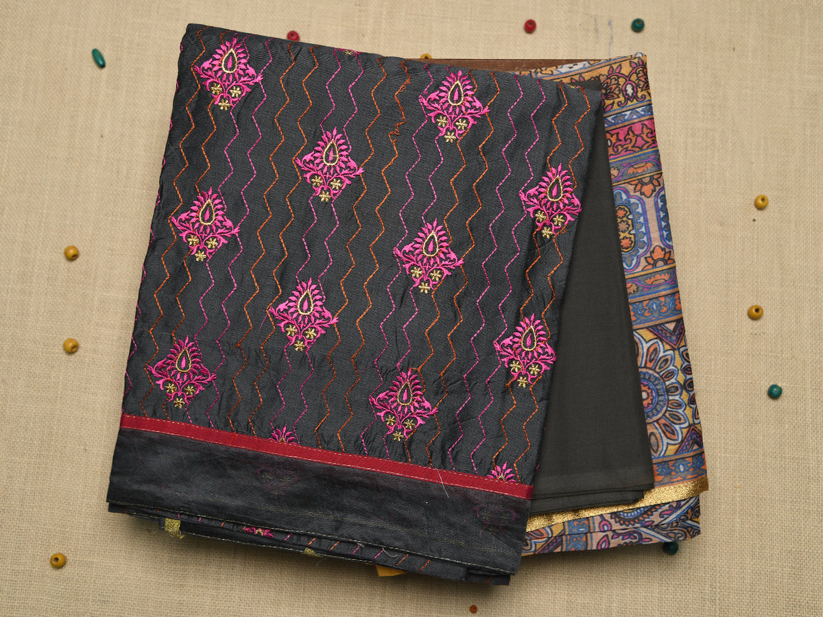 Embroidered Floral Design Charcoal Grey Chanderi Cotton Unstitched Salwar Material