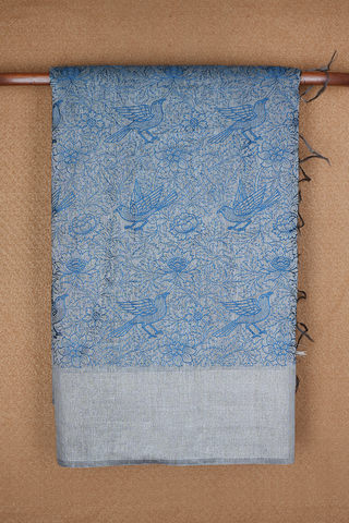 Floral And Birds Embroidered Design Aegean Blue Linen Saree