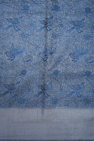 Floral And Birds Embroidered Design Aegean Blue Linen Saree