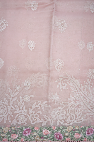 Floral Threadwork Buttas Baby Pink Organza Saree