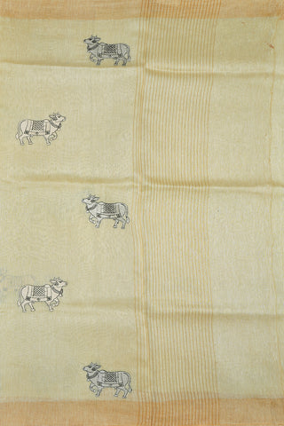 Cow Embroidered Design Pale Yellow Linen Saree