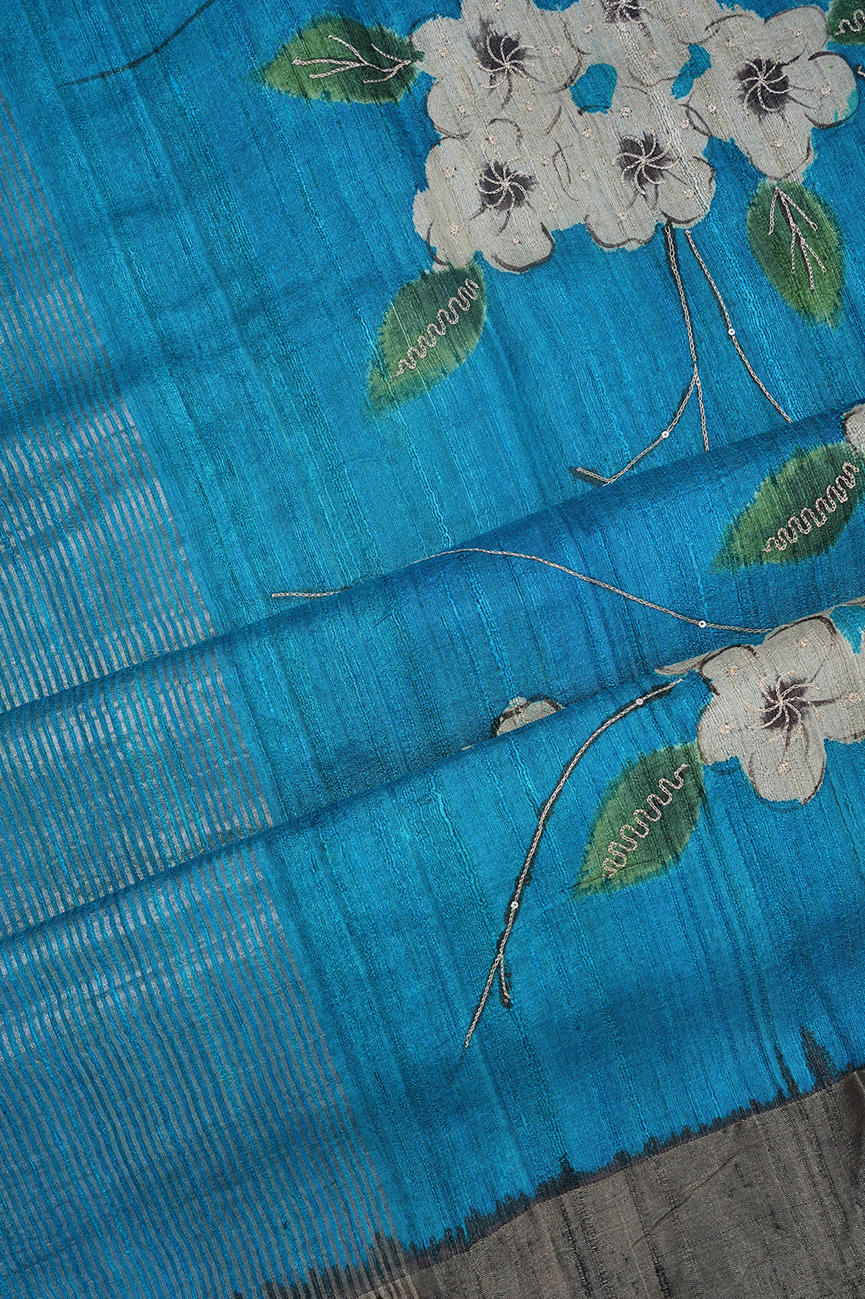 Embroidered Design Peacock Blue Tussar Silk Saree