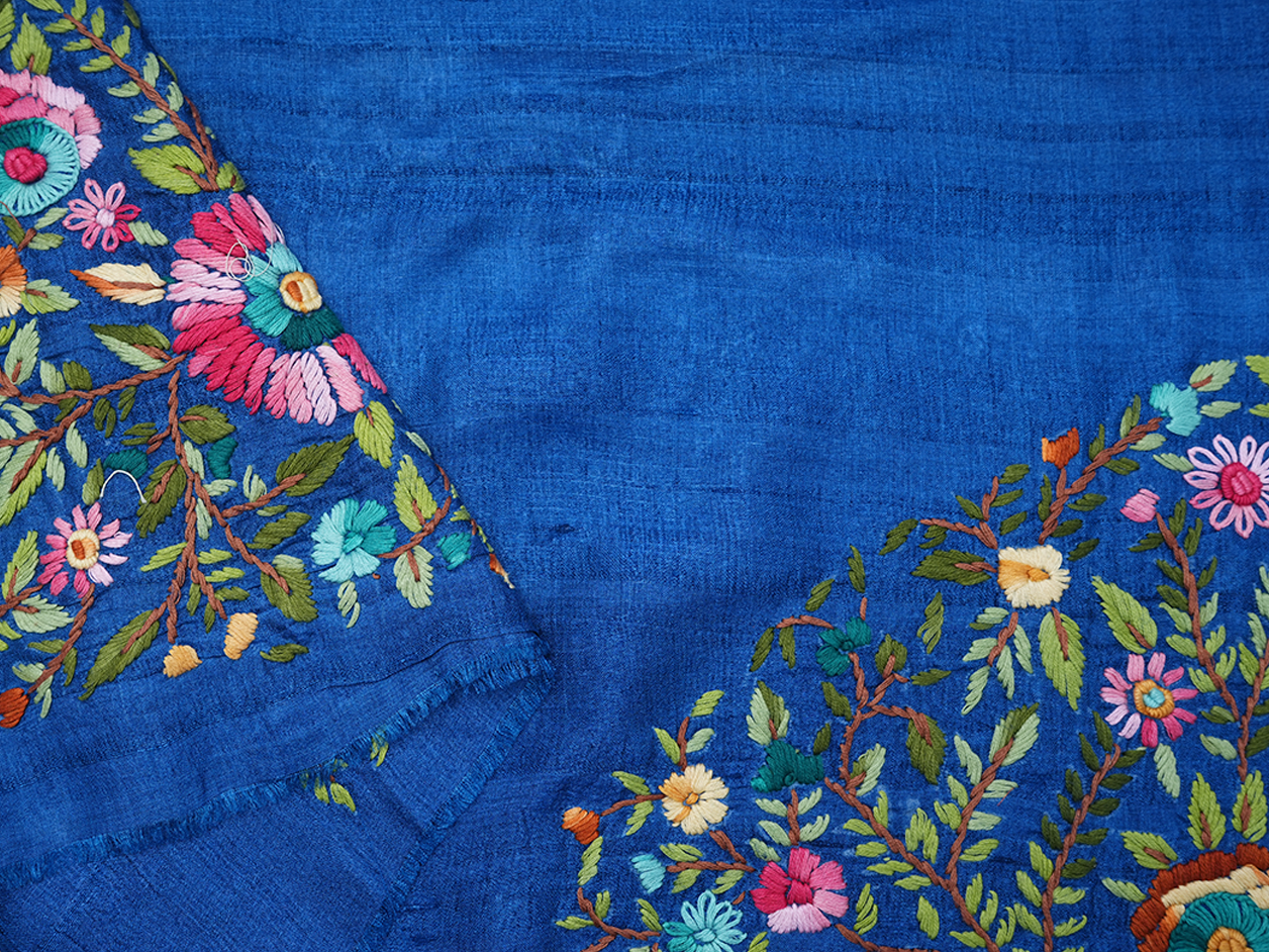 Embroidered Design Prussian Blue Tussar Blouse Material