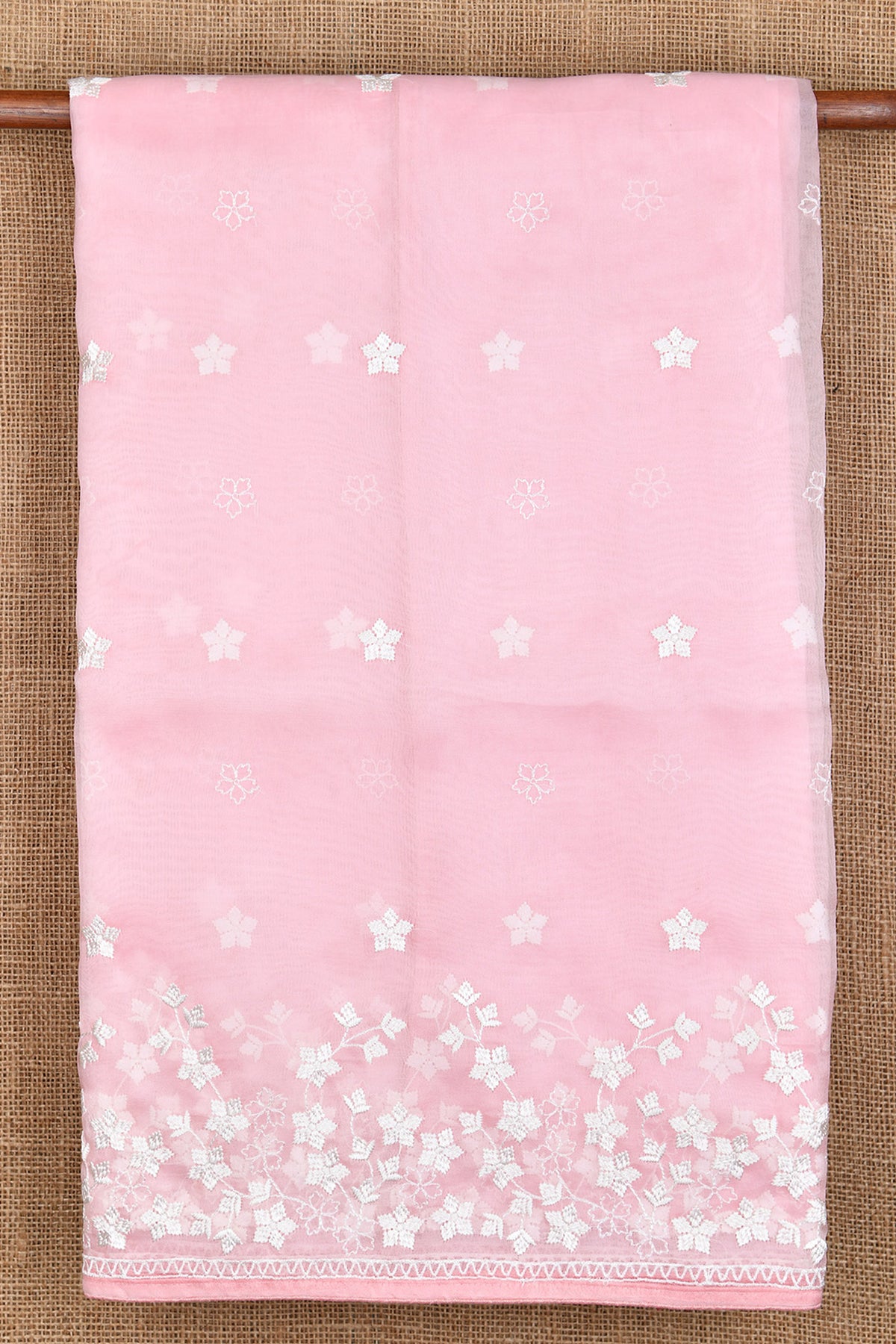 Embroidered Floral Border And Buttis Baby Pink Organza Silk Saree