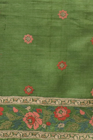 Embroidered Floral Border In Butta Fern Green Tussar Silk Saree